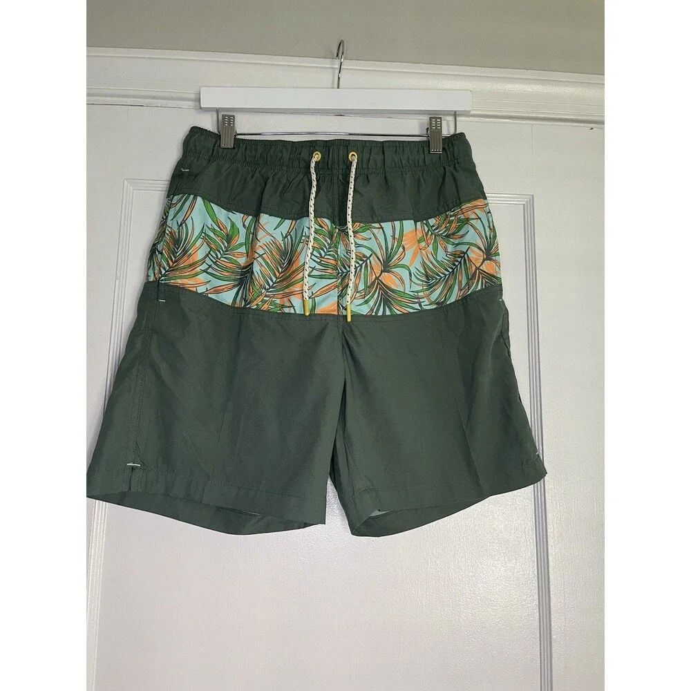 Hawaiian Authentics Swim Shorts Floral Green Orange Men's M Drawstring Pockets …
